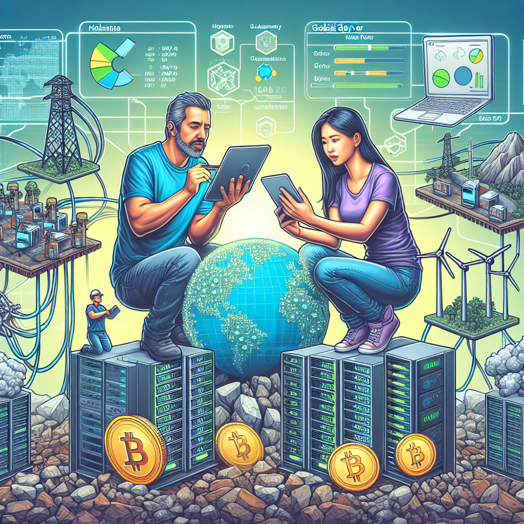 High-resolution illustration of cryptocurrency miners comparing mining pool dashboards and global server nodes, charts showing hashrate distribution, green energy icons and data overlays